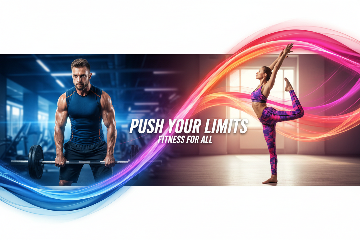 Fitness banner with man lifting weights and woman doing yoga